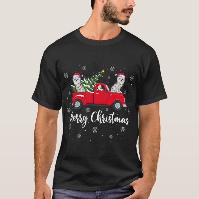 Santa Riding Christmas Tree Truck Maltese Dog Chri T-Shirt (Front)
