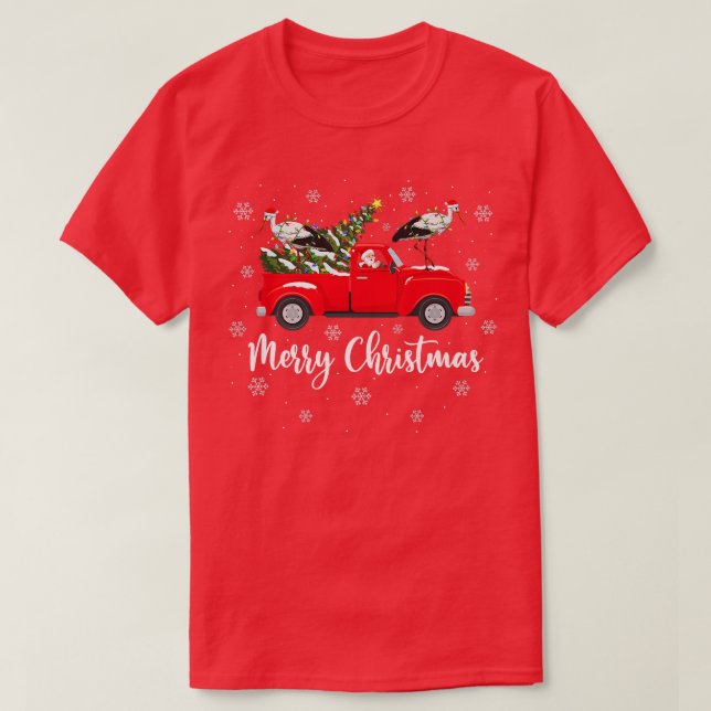 Santa Riding Christmas Tree Truck Stork Bird Chris T-Shirt (Design Front)