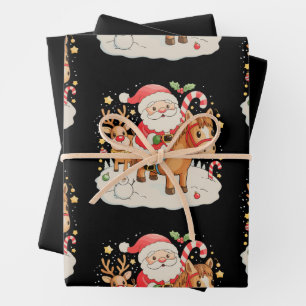 Santa Riding Cute Horse Christmas Holiday Xmas Wrapping Paper Sheet