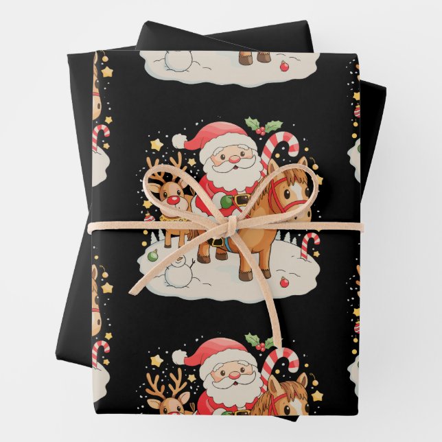 Santa Riding Cute Horse Christmas Holiday Xmas Wrapping Paper Sheet (In situ)