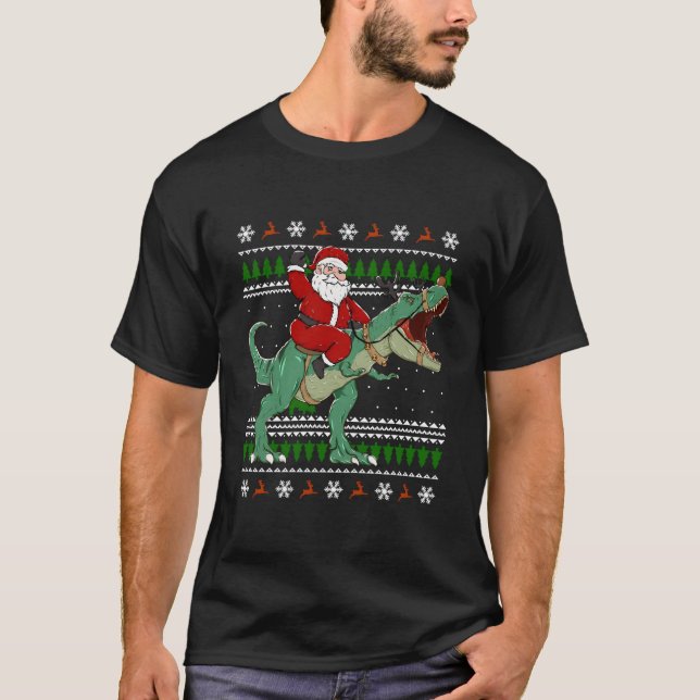 Santa Riding Dino Ugly T-Shirt (Front)