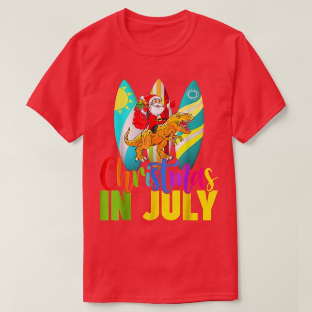 Santa Riding Dinosaur Christmas July  Summer Surfi T-Shirt (Design Front)