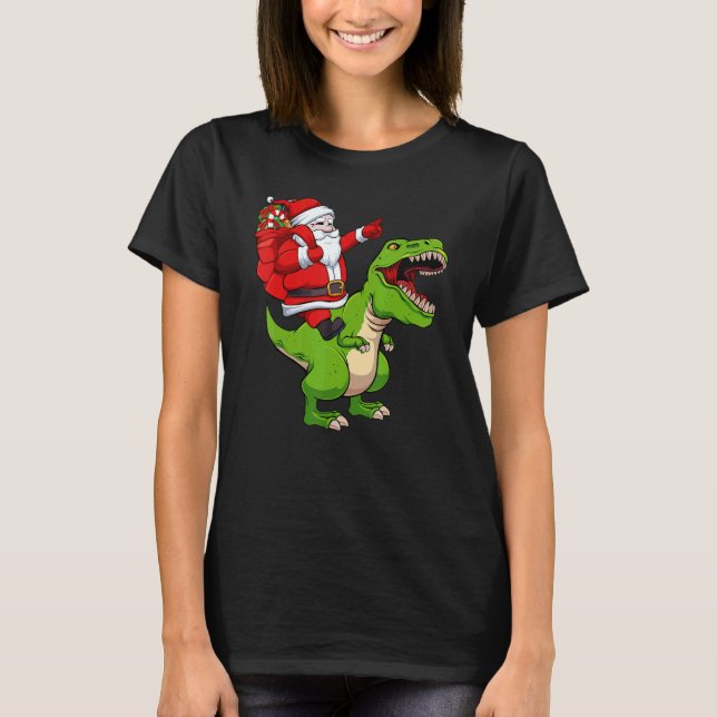 Santa Riding Dinosaur Christmas Pajama Cool Rex X  T-Shirt (Front)