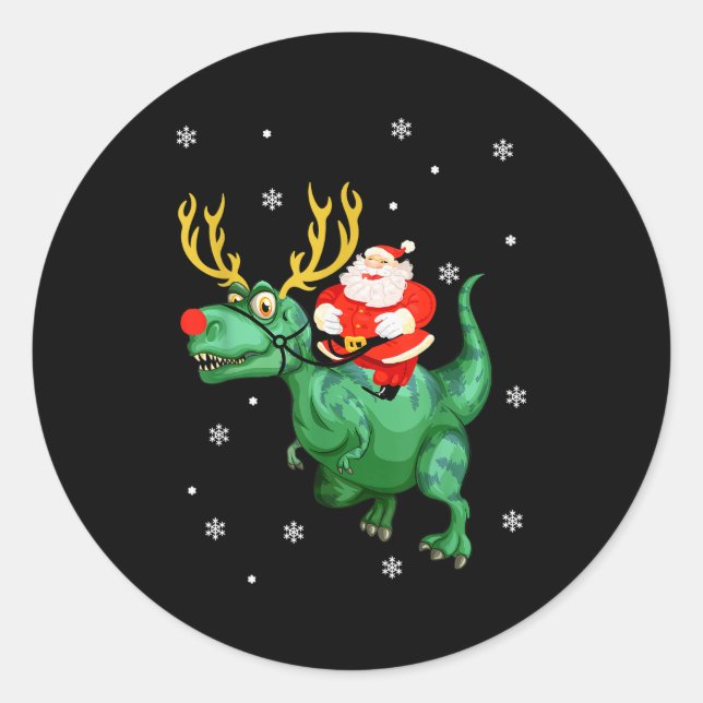 Santa Riding Dinosaur Funny Merry Christmas Lover  Classic Round Sticker (Front)