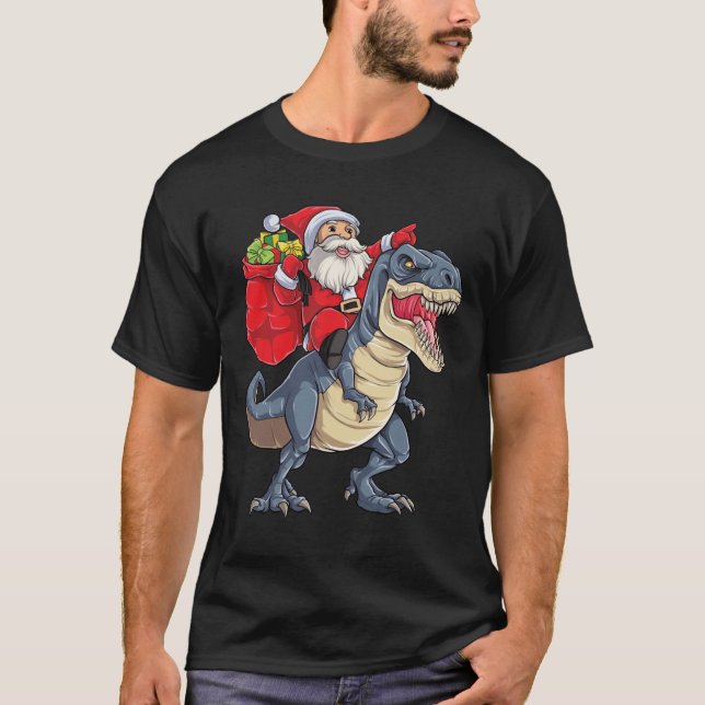 Santa Riding Dinosaur re Christmas Gifts Xmas Boys T-Shirt (Front)
