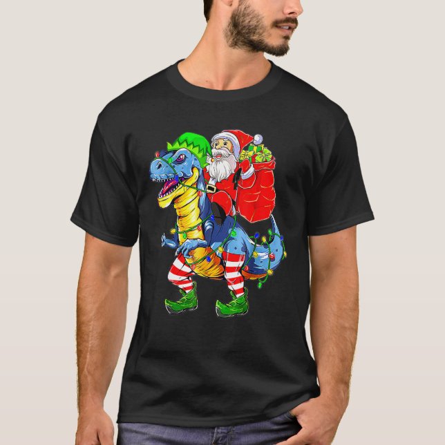 Santa Riding Dinosaur Rex Christmas Boys Men Xmas  T-Shirt (Front)