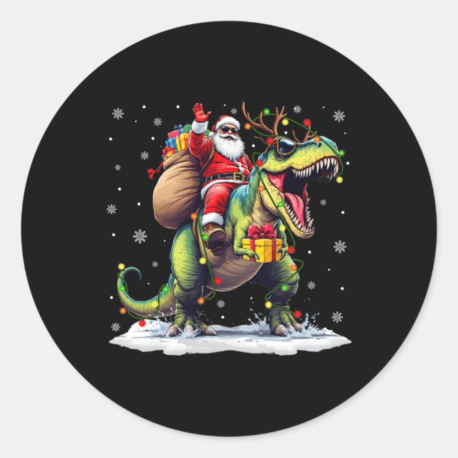 Santa Riding Dinosaur T Rex Christmas Boys Men Xma Classic Round Sticker (Front)
