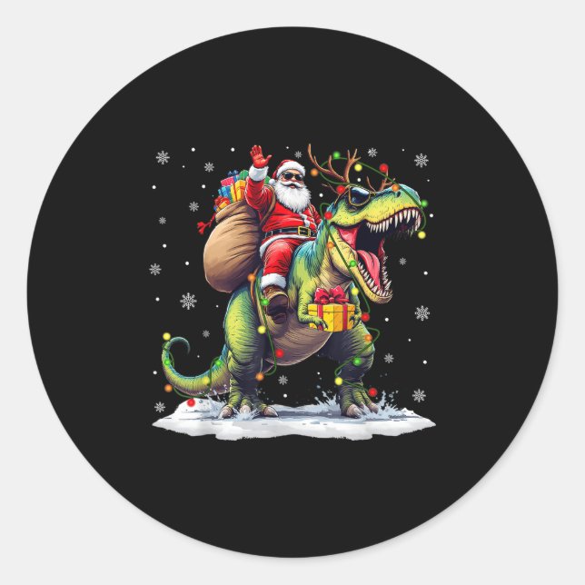 Santa Riding Dinosaur T Rex Christmas Boys Men Xma Classic Round Sticker (Front)