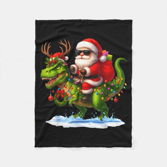 Santa Riding Dinosaur T Rex Christmas Boys Men Xma Fleece Blanket (Front)