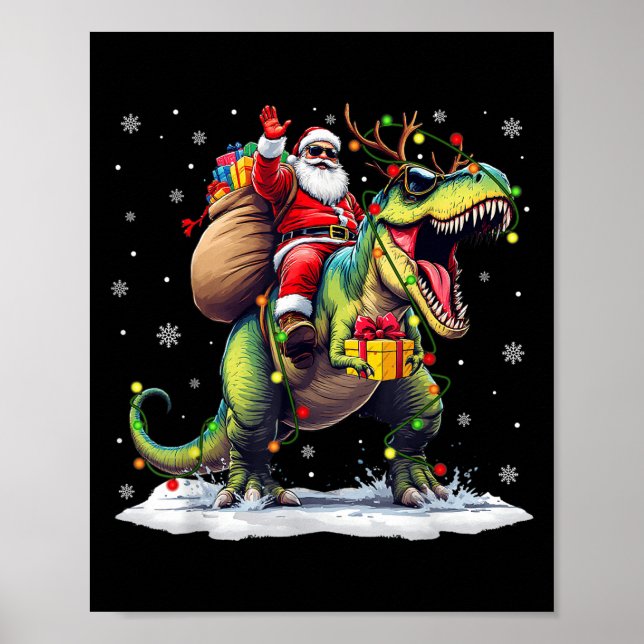 Santa Riding Dinosaur T Rex Christmas Boys Men Xma Poster (Front)