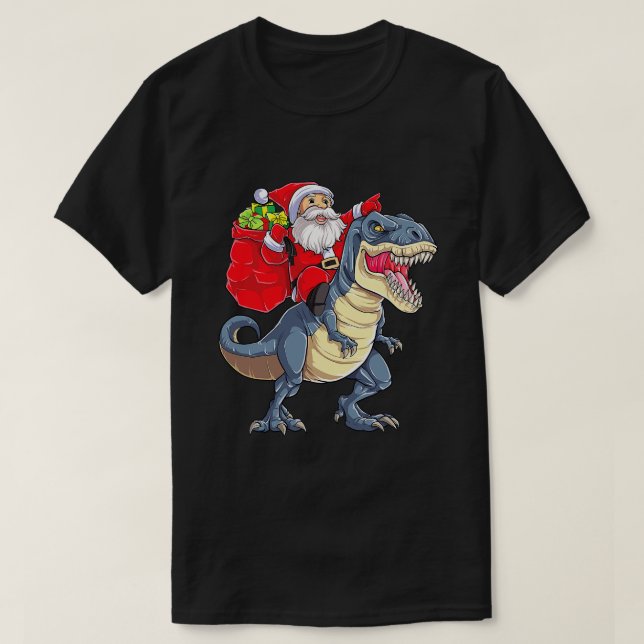 Santa Riding Dinosaur T Rex Christmas Boys Men Xma T-Shirt (Design Front)