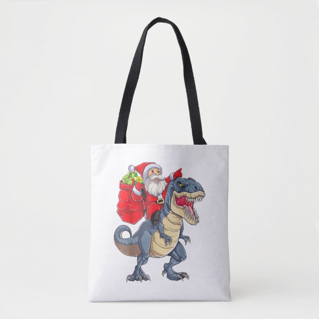 Santa Riding Dinosaur T rex Christmas Boys Men Xma Tote Bag (Front)