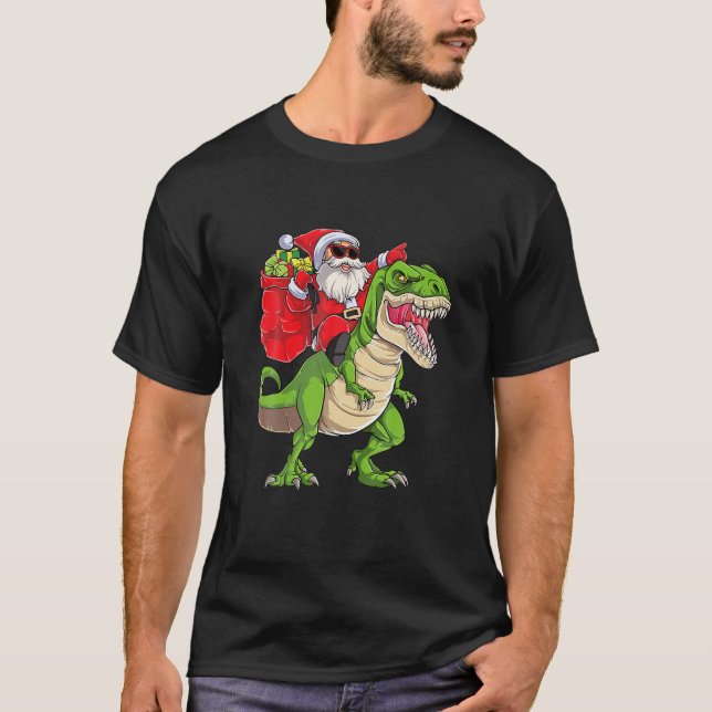 Santa Riding Dinosaur T Rex Christmas Boys Mens T-Shirt (Front)