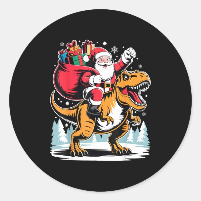 Santa Riding Dinosaur T Rex Christmas Boys Xmas  Classic Round Sticker (Front)