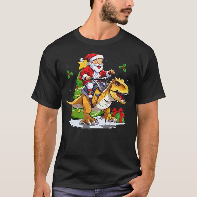 Santa Riding Dinosaur T-Rex Christmas Dinosaurs T-Shirt (Front)