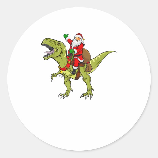 Santa Riding Dinosaur T rex Christmas G Classic Round Sticker (Front)