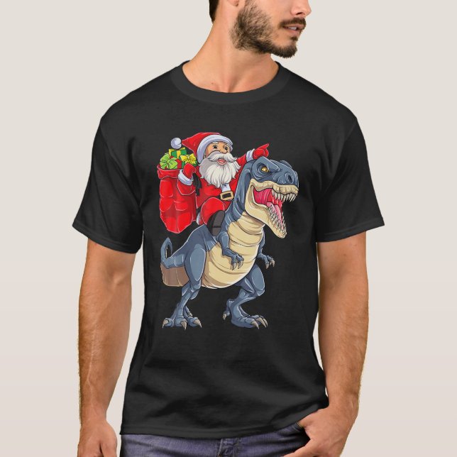 Santa Riding Dinosaur T Rex Christmas Gifts Boys M T-Shirt (Front)
