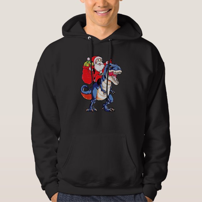 Santa Riding Dinosaur T Rex Christmas Hoodie (Front)