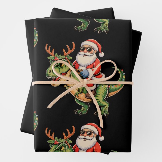 Santa Riding Dinosaur T Rex Christmas Retro Xmas Wrapping Paper Sheet (In situ)