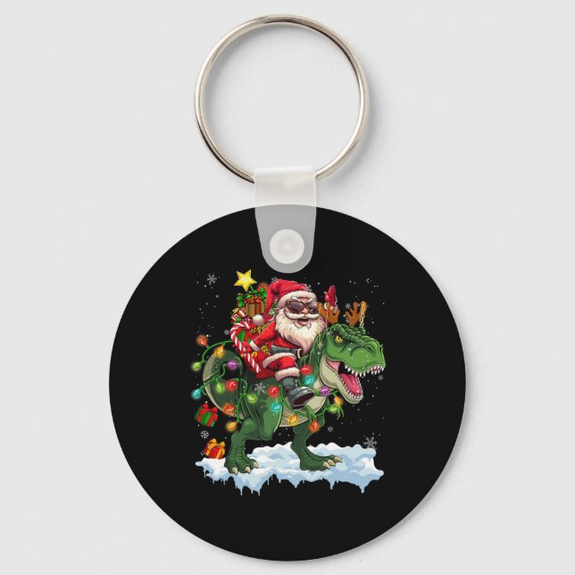 Santa Riding Dinosaur T Rex Christmas Tree Lights  Key Ring (Front)