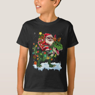 Santa Riding Dinosaur T Rex Christmas Tree Lights T-Shirt
