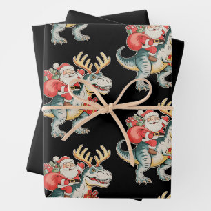 Santa Riding Dinosaur T-Rex Christmas Xmas Holiday Wrapping Paper Sheet