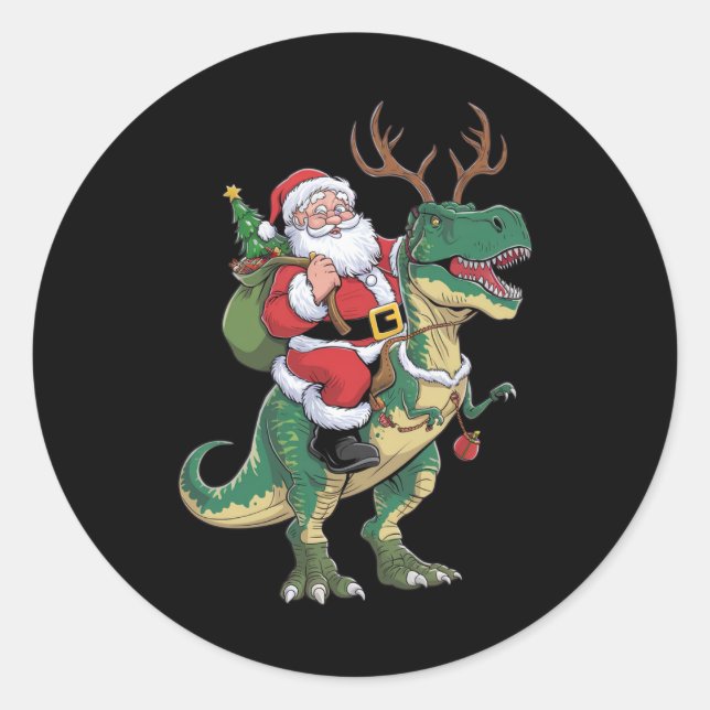 Santa Riding Dinosaur T-Rex Christmas Xmas Squad Classic Round Sticker (Front)