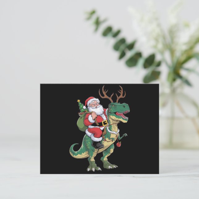 Santa Riding Dinosaur T-Rex Christmas Xmas Squad Holiday Postcard (Standing Front)