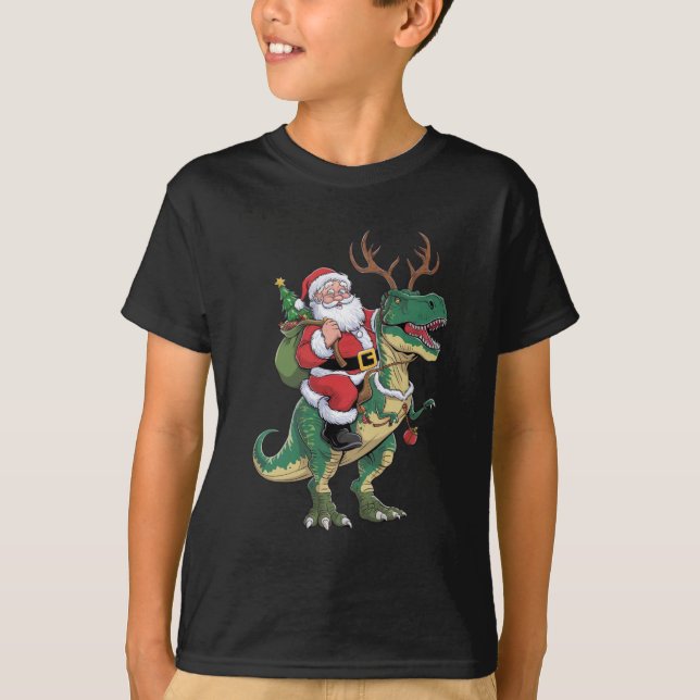 Santa Riding Dinosaur T-Rex Christmas Xmas Squad T-Shirt (Front)