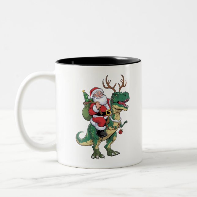 Santa Riding Dinosaur T-Rex Christmas Xmas Squad Two-Tone Coffee Mug (Left)