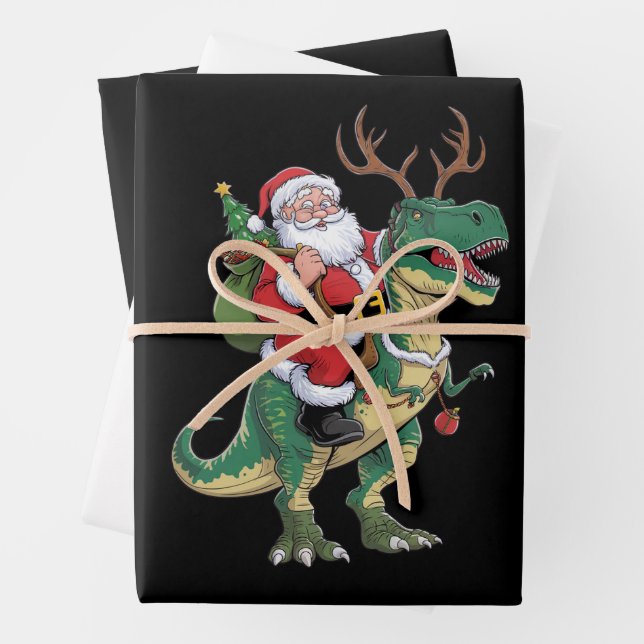 Santa Riding Dinosaur T-Rex Christmas Xmas Squad Wrapping Paper Sheet (In situ)