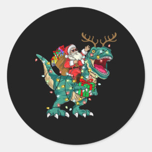Santa Riding Dinosaur T Rex Deer Kids Boys Men Chr Classic Round Sticker