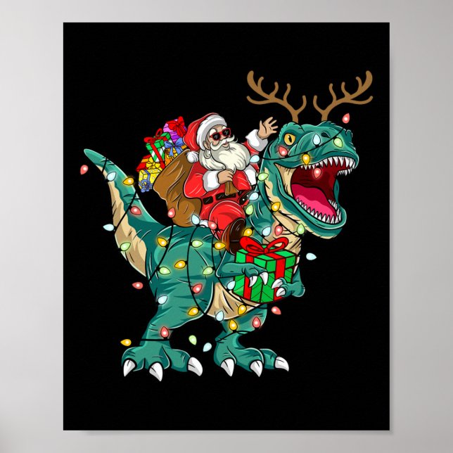 Santa Riding Dinosaur T rex Deer Kids Boys Men Chr Poster (Front)