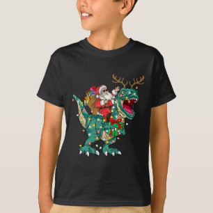 Santa Riding Dinosaur T rex Deer Kids Boys Men Chr T-Shirt