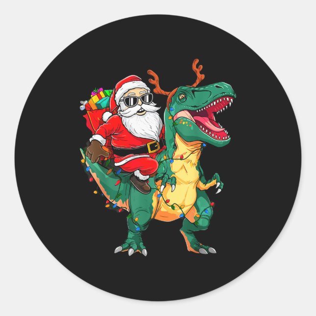 Santa Riding Dinosaur T Rex Funny Christmas Kids B Classic Round Sticker (Front)