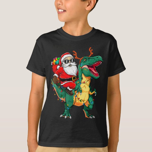 Santa Riding Dinosaur T Rex Funny Christmas Kids B T-Shirt (Front)