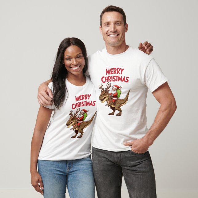 Santa Riding Dinosaur T-Rex Merry Christmas T-Shirt (Unisex)