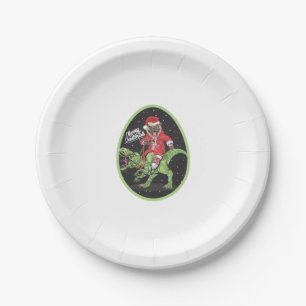 Santa Riding Dinosaur T rex on Easter Snow Egg Paper Plate
