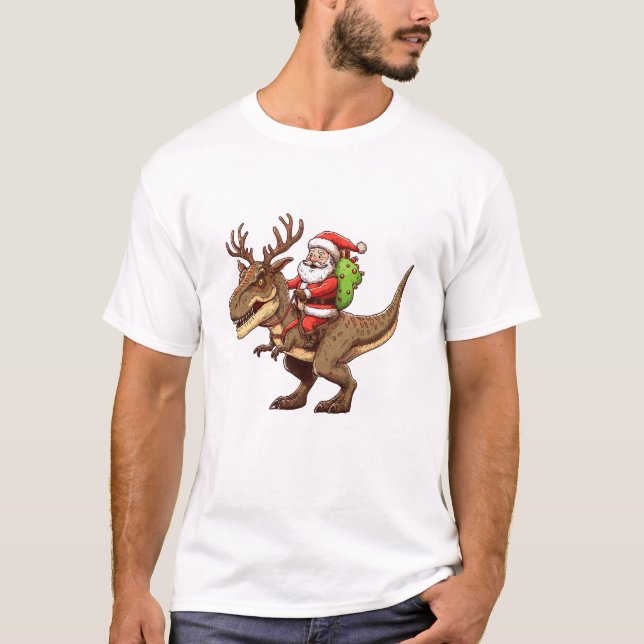 Santa Riding Dinosaur T-Rex T-Shirt (Front)