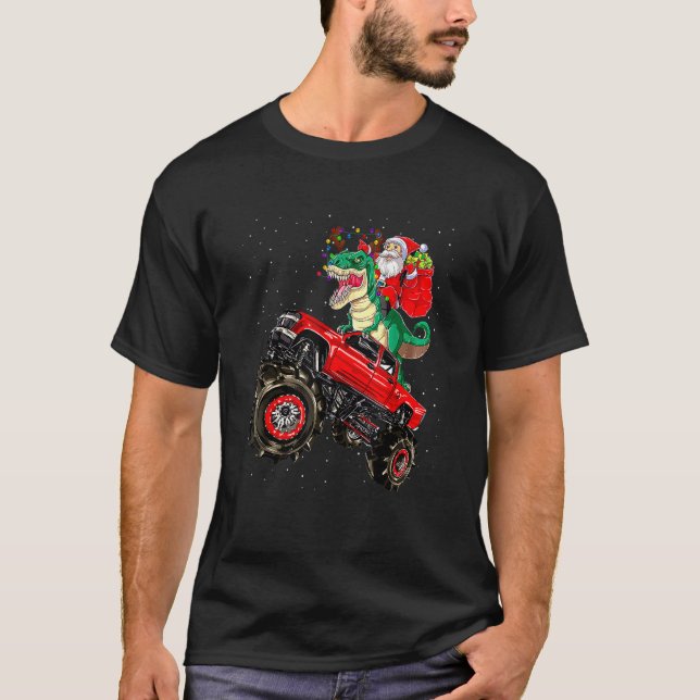 Santa Riding Dinosaur Trex Monster Truck Boys Kids T-Shirt (Front)