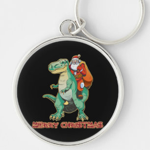 Santa Riding Dinosaur, Trex Santa, Christmas Dino Key Ring
