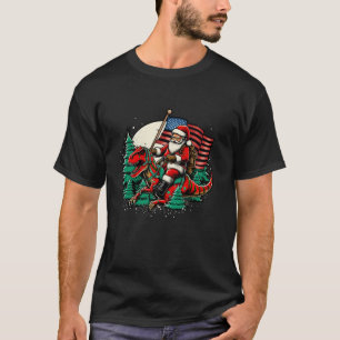 Santa Riding Dinosaur USA Flag T Rex Christmas T-Shirt