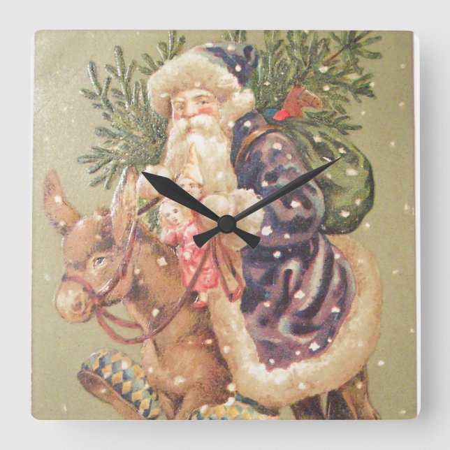 Santa Riding Donkey Square Wall Clock (Front)