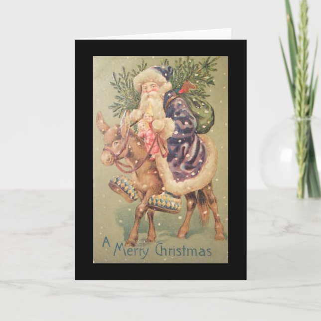 Santa Riding Donkey Vintage Holiday Card (Front)