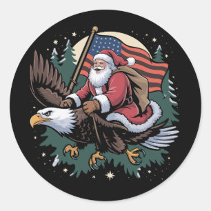 Santa Riding Eagle USA Flag Christmas Classic Round Sticker