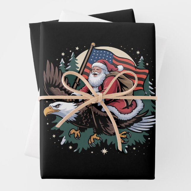 Santa Riding Eagle USA Flag Christmas  Wrapping Paper Sheet (In situ)
