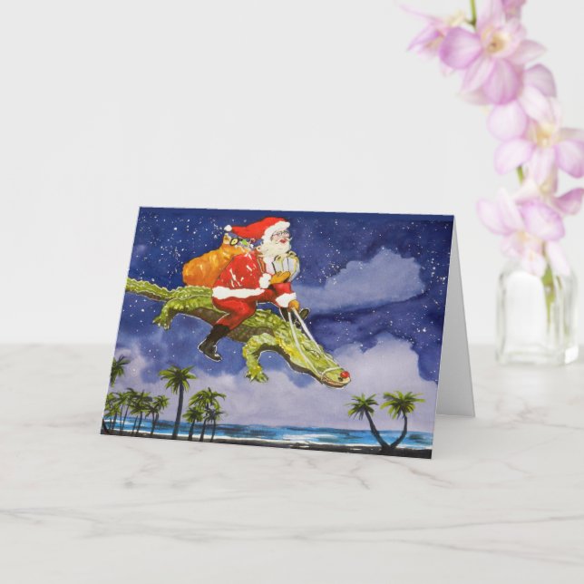 Santa Riding Gator Folded Greeting Card (Orchid)