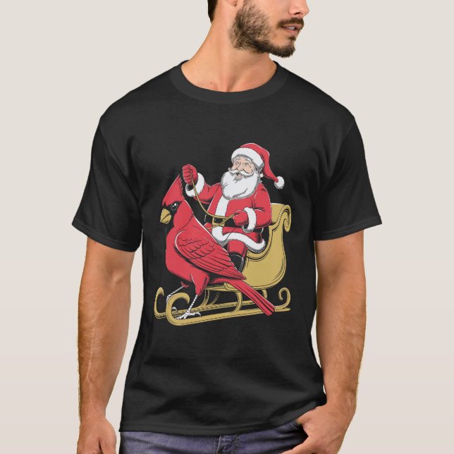 Santa Riding Giant Cardinal Bird For Christmas Lov T-Shirt (Front)