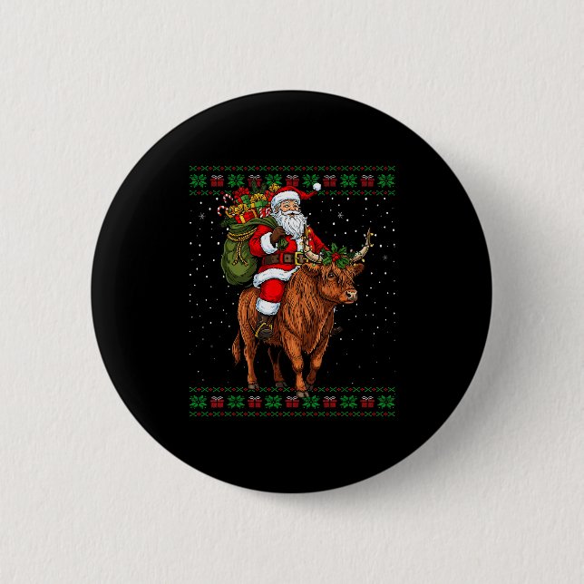 Santa Riding Highland Cow Ugly Christmas Sweater  6 Cm Round Badge (Front)