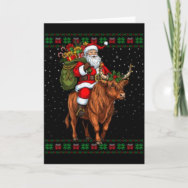Santa Riding Highland Cow Ugly Christmas Sweater  Card (Front)